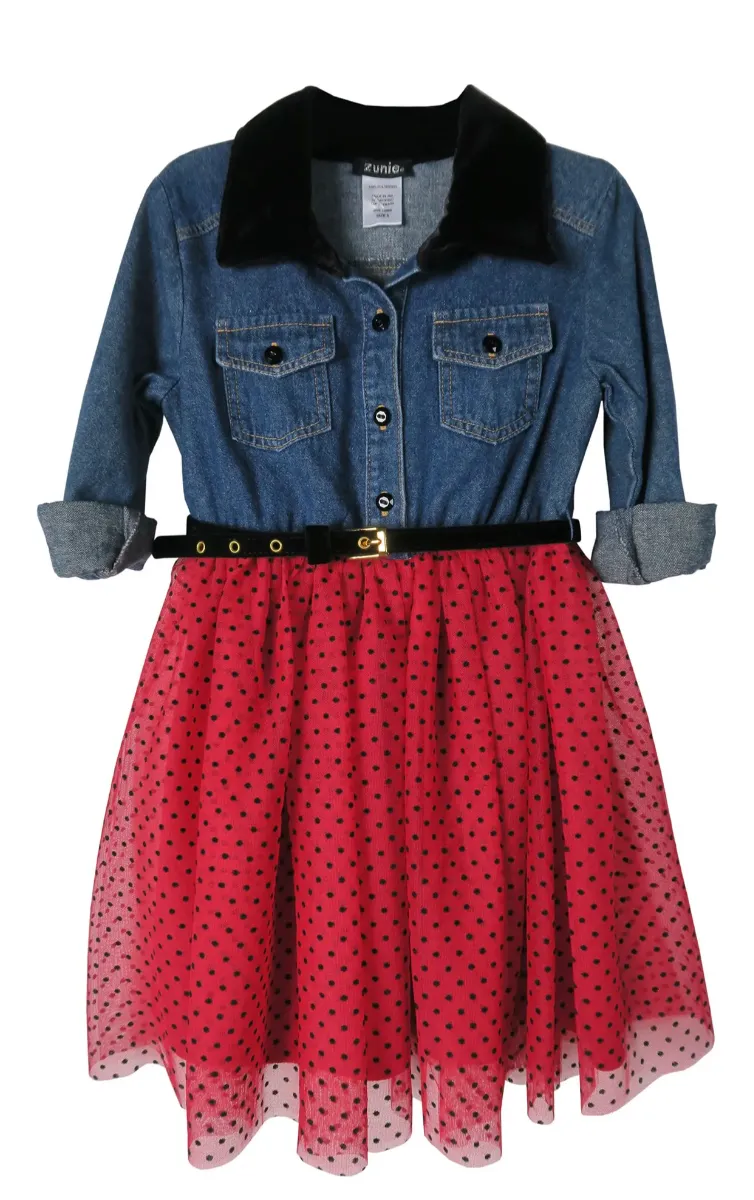 Littletown Zunie Kid Girl Sleeve Denim Mesh Belted Dress In Denim Red Online Luxury Store for Kids